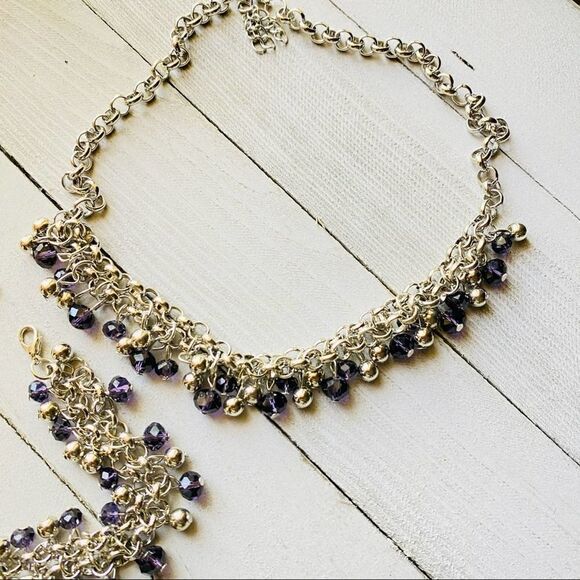 Purple Crystal Silver Chain Necklace Bracelet Set - Picture 2 of 4